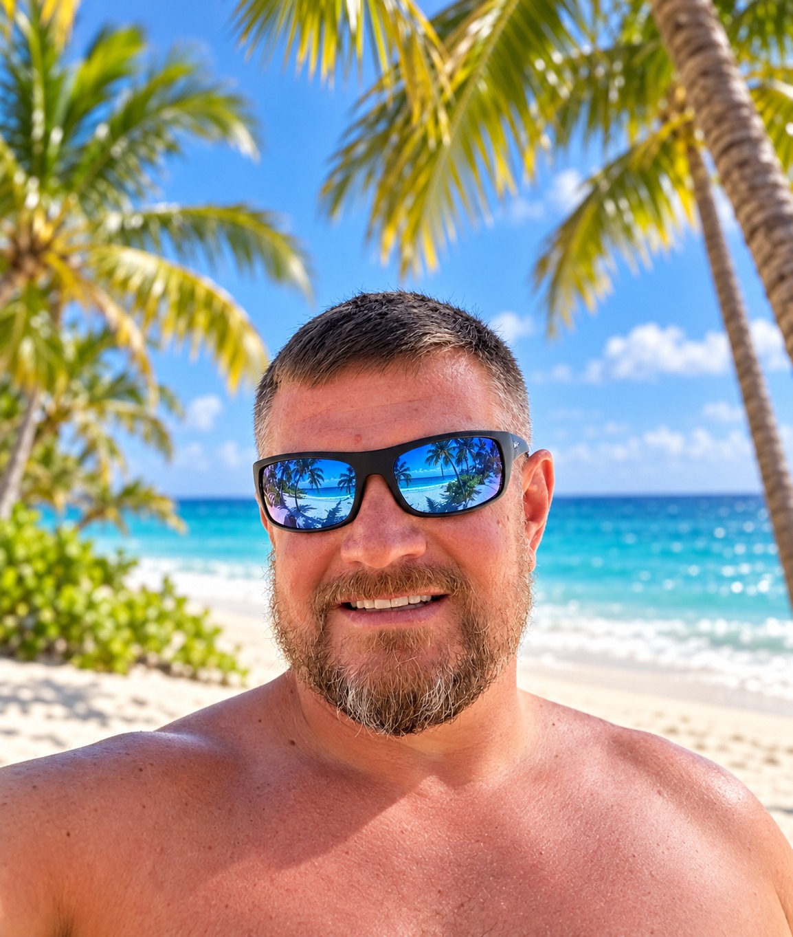 Matt smiling in blue sunglasses with palm trees and turquoise ocean behind him