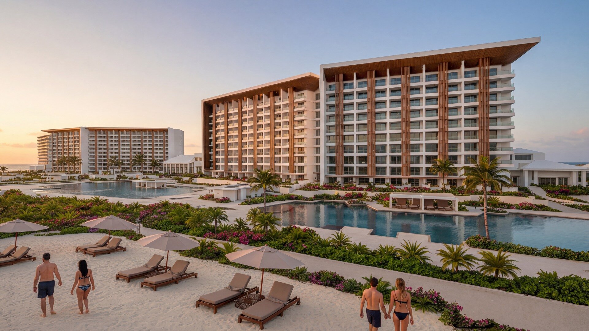 UNICO 18°77° Montego Bay resort exterior, pools, palm gardens and beach at sunset